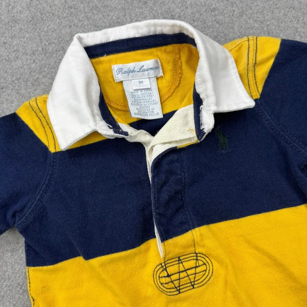Ralph Lauren Baby Rugby Romper Shortall 3M Yellow Navy Blue Short Sleeve Polo